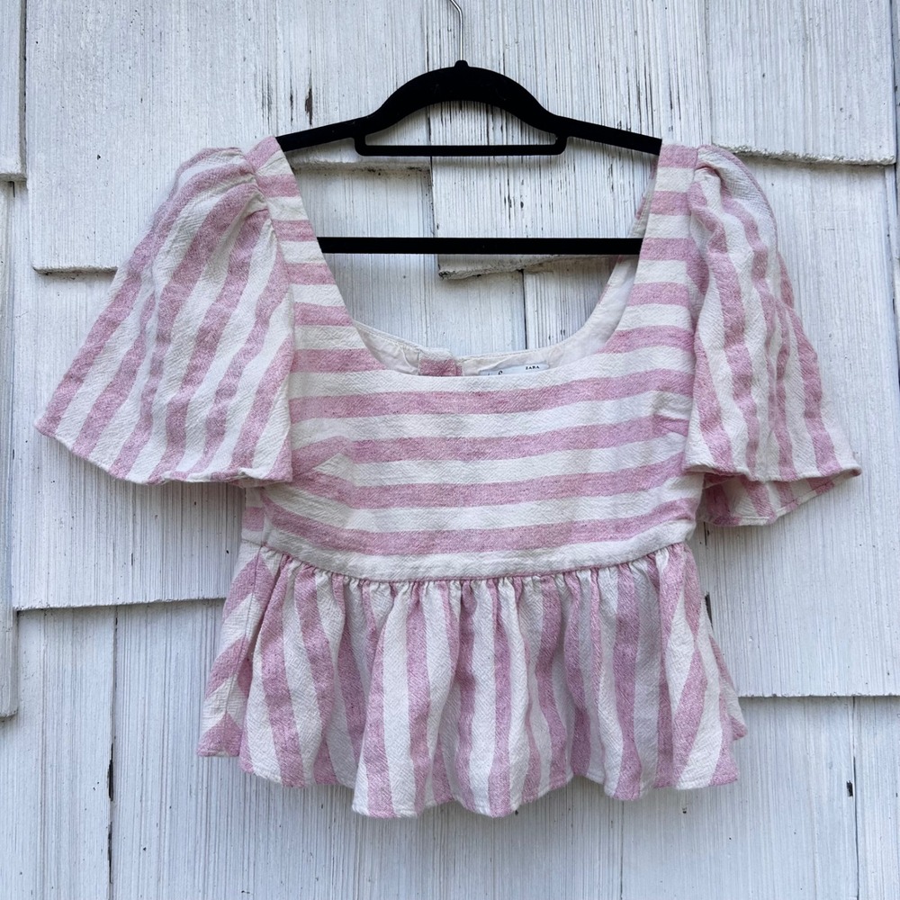 ZARA Striped Peplum Square Neck Flutter Sleeve Top Pink White Size M - Picture 3 of 7